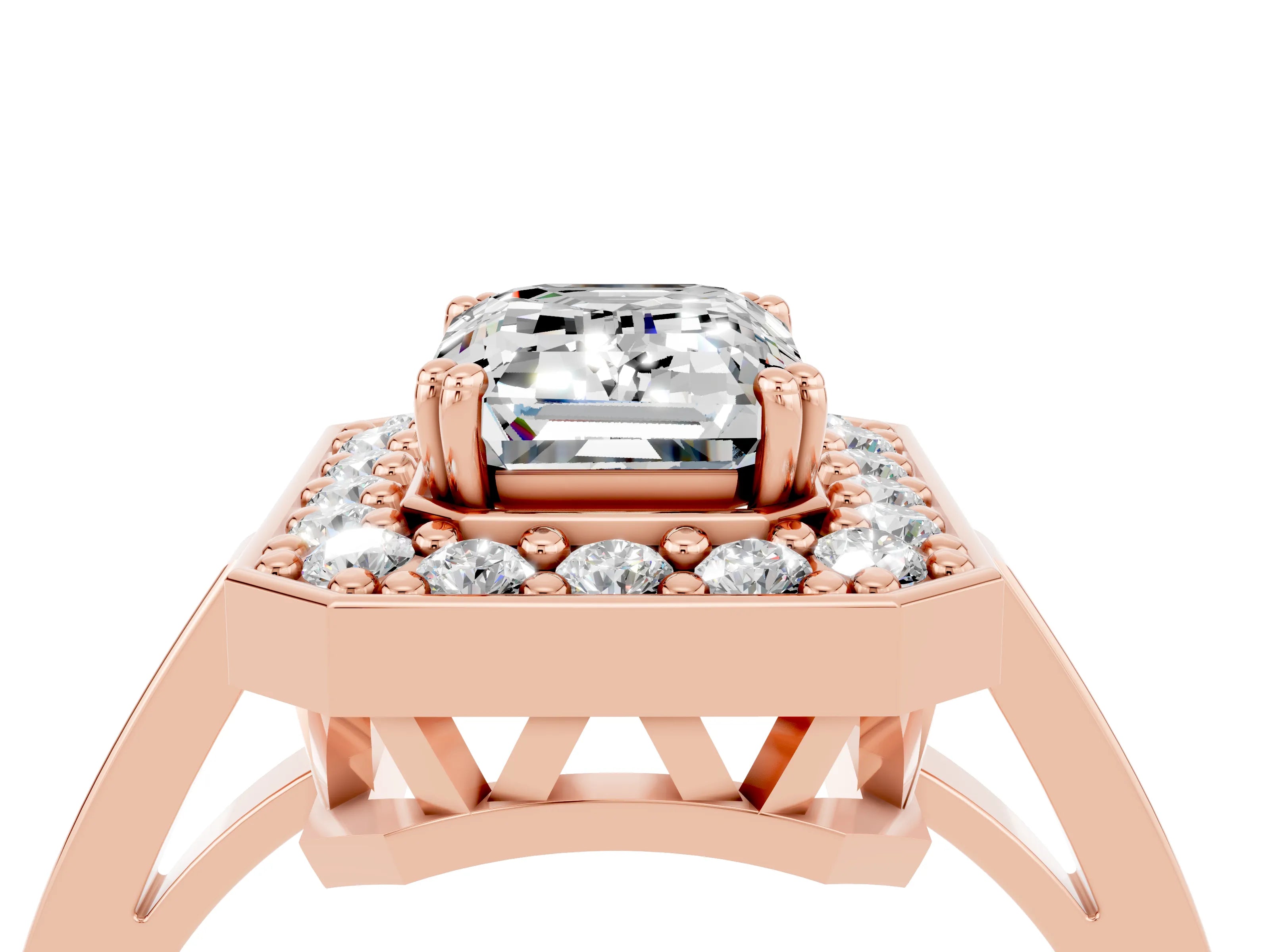 Rose gold {shape_name} Moissanite Halo Ring with Split Shank and Four-Prong Setting_4