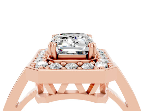 Rose gold {shape_name} Moissanite Halo Ring with Split Shank and Four-Prong Setting_4