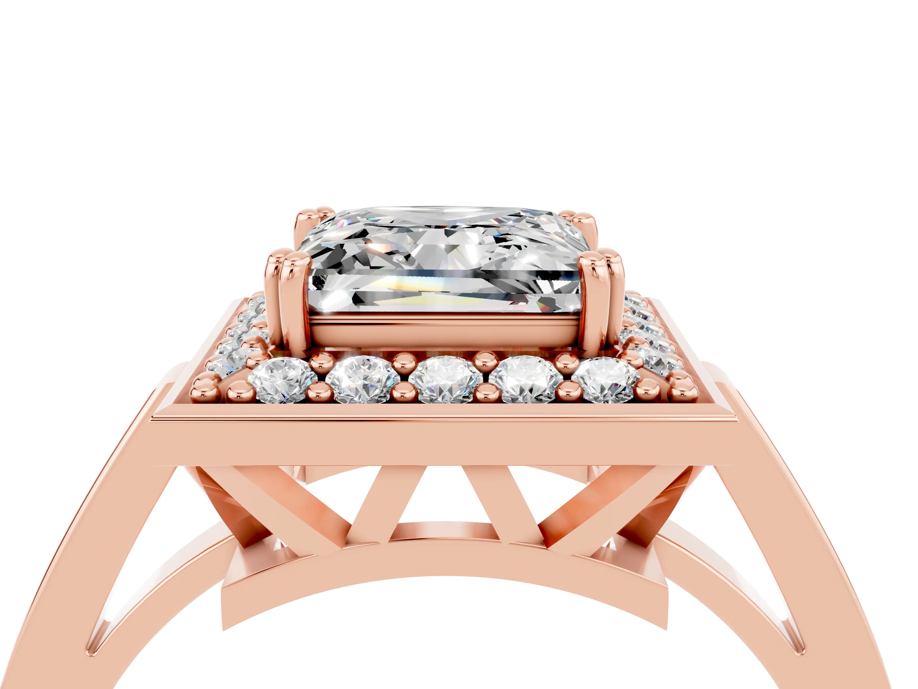 Rose gold {shape_name} Moissanite Halo Ring with Split Shank and Four-Prong Setting_4