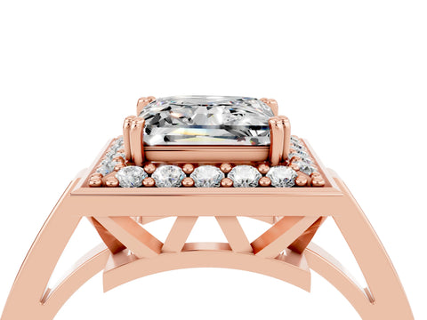 Rose gold {shape_name} Moissanite Halo Ring with Split Shank and Four-Prong Setting_4