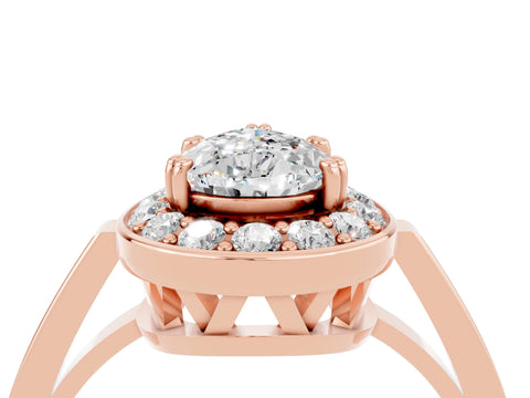 Rose gold {shape_name} Moissanite Halo Ring with Split Shank and Four-Prong Setting_4