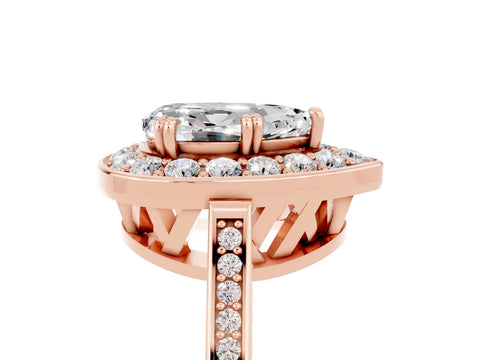Rose gold {shape_name} Moissanite Halo Ring with Split Shank and Four-Prong Setting_5