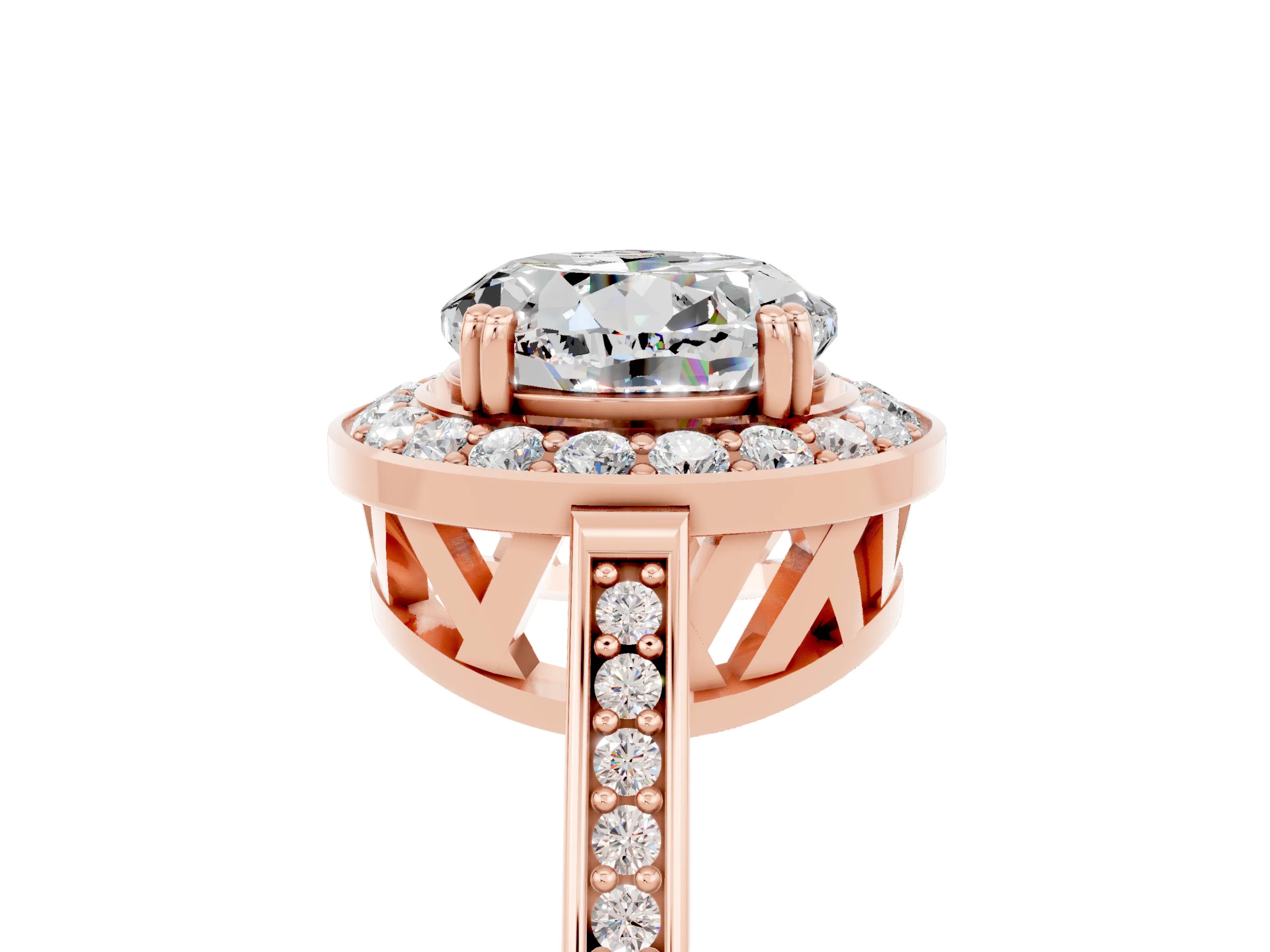 Rose gold {shape_name} Moissanite Halo Ring with Split Shank and Four-Prong Setting_5