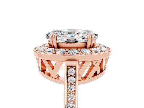 Rose gold {shape_name} Moissanite Halo Ring with Split Shank and Four-Prong Setting_5