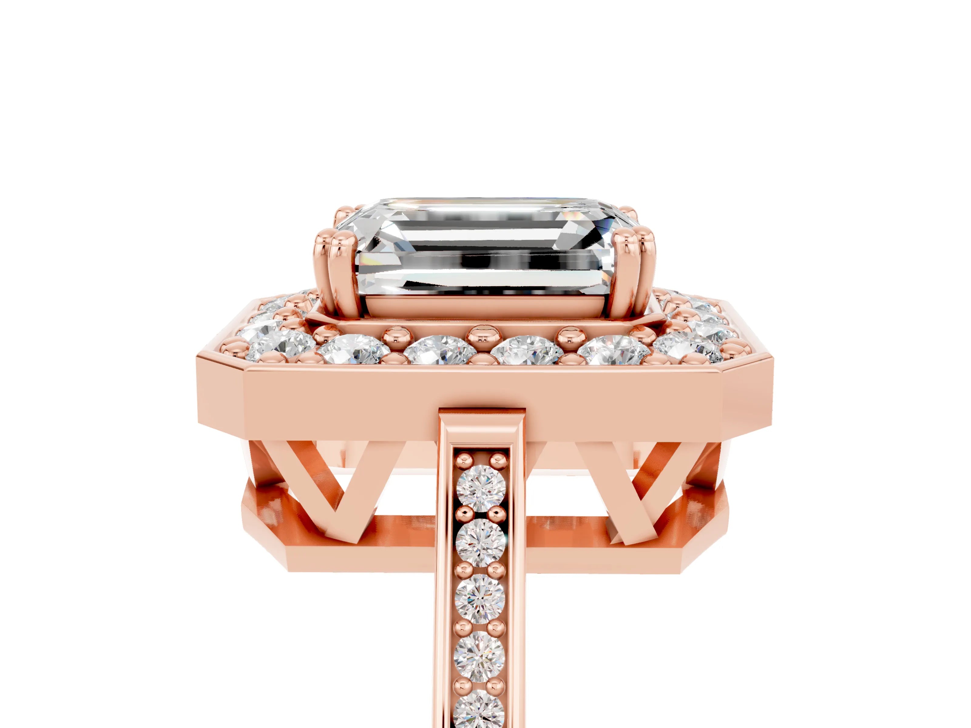 Rose gold {shape_name} Moissanite Halo Ring with Split Shank and Four-Prong Setting_5