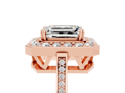 Rose gold {shape_name} Moissanite Halo Ring with Split Shank and Four-Prong Setting_5