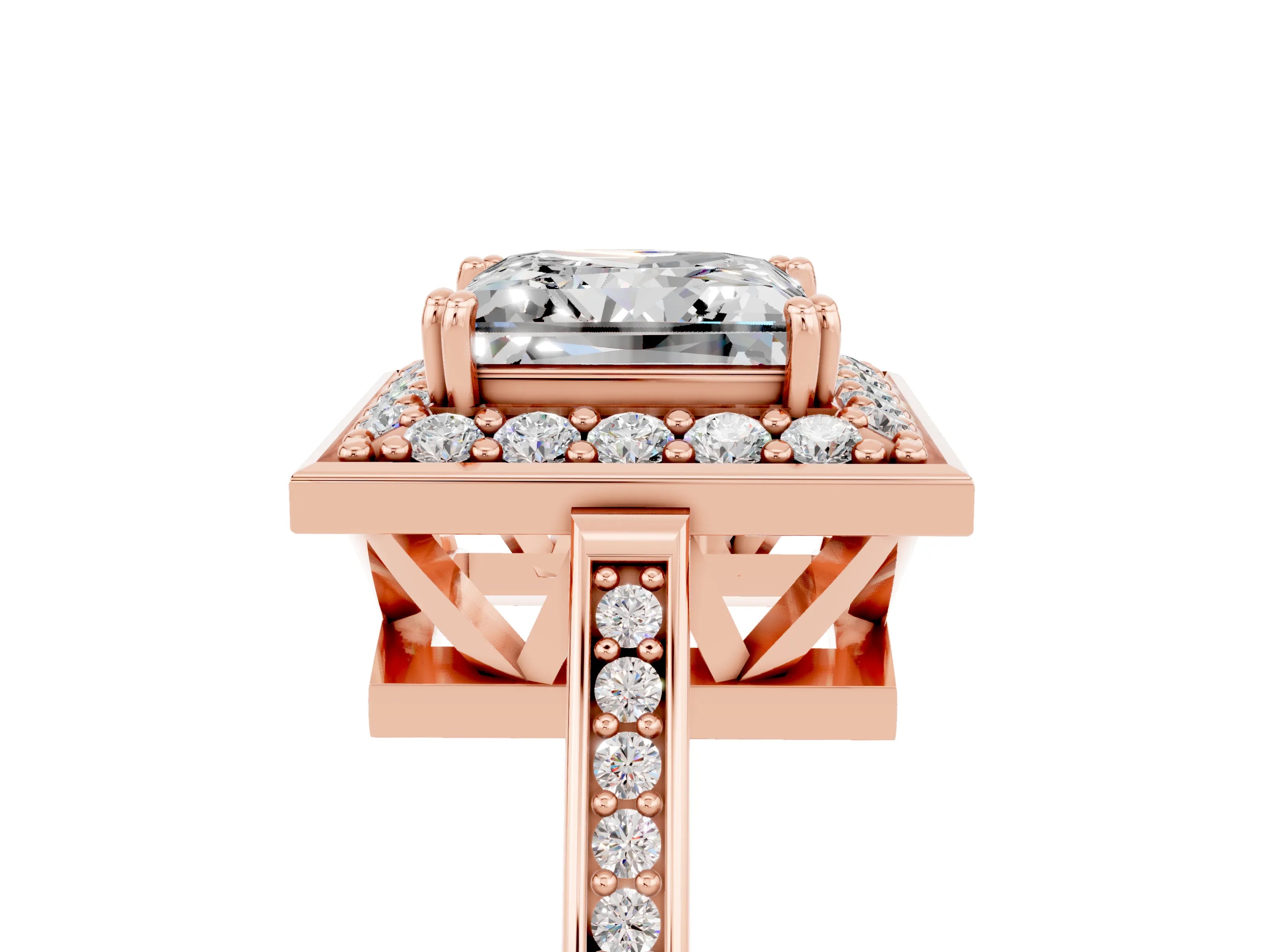 Rose gold {shape_name} Moissanite Halo Ring with Split Shank and Four-Prong Setting_5