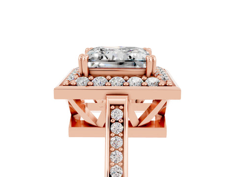 Rose gold {shape_name} Moissanite Halo Ring with Split Shank and Four-Prong Setting_5