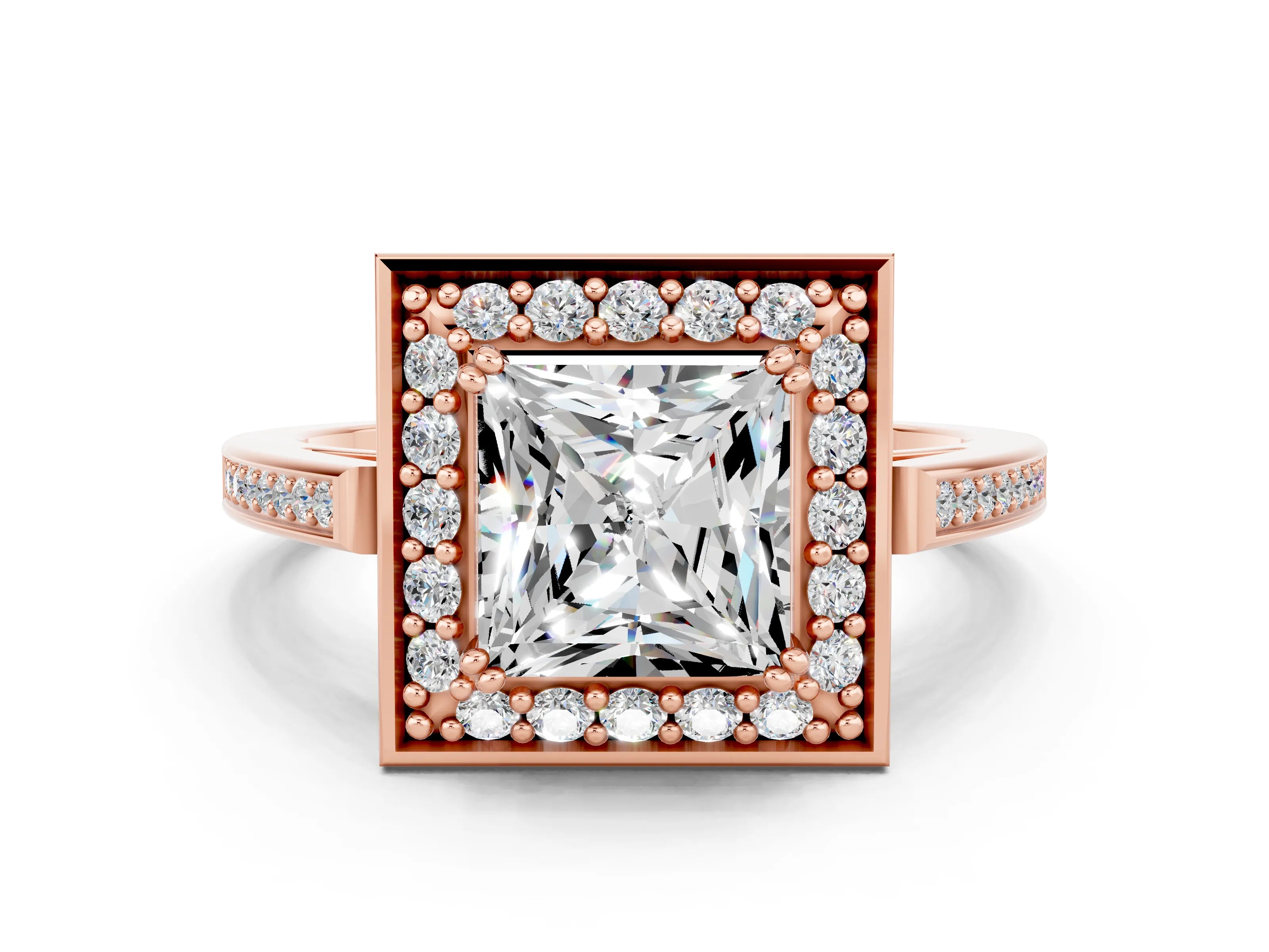 Rose gold {shape_name} Moissanite Halo Ring with Split Shank and Four-Prong Setting