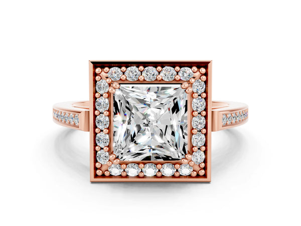 Rose gold Princess Cut Moissanite Halo Ring with Split Shank and Four-Prong Setting
