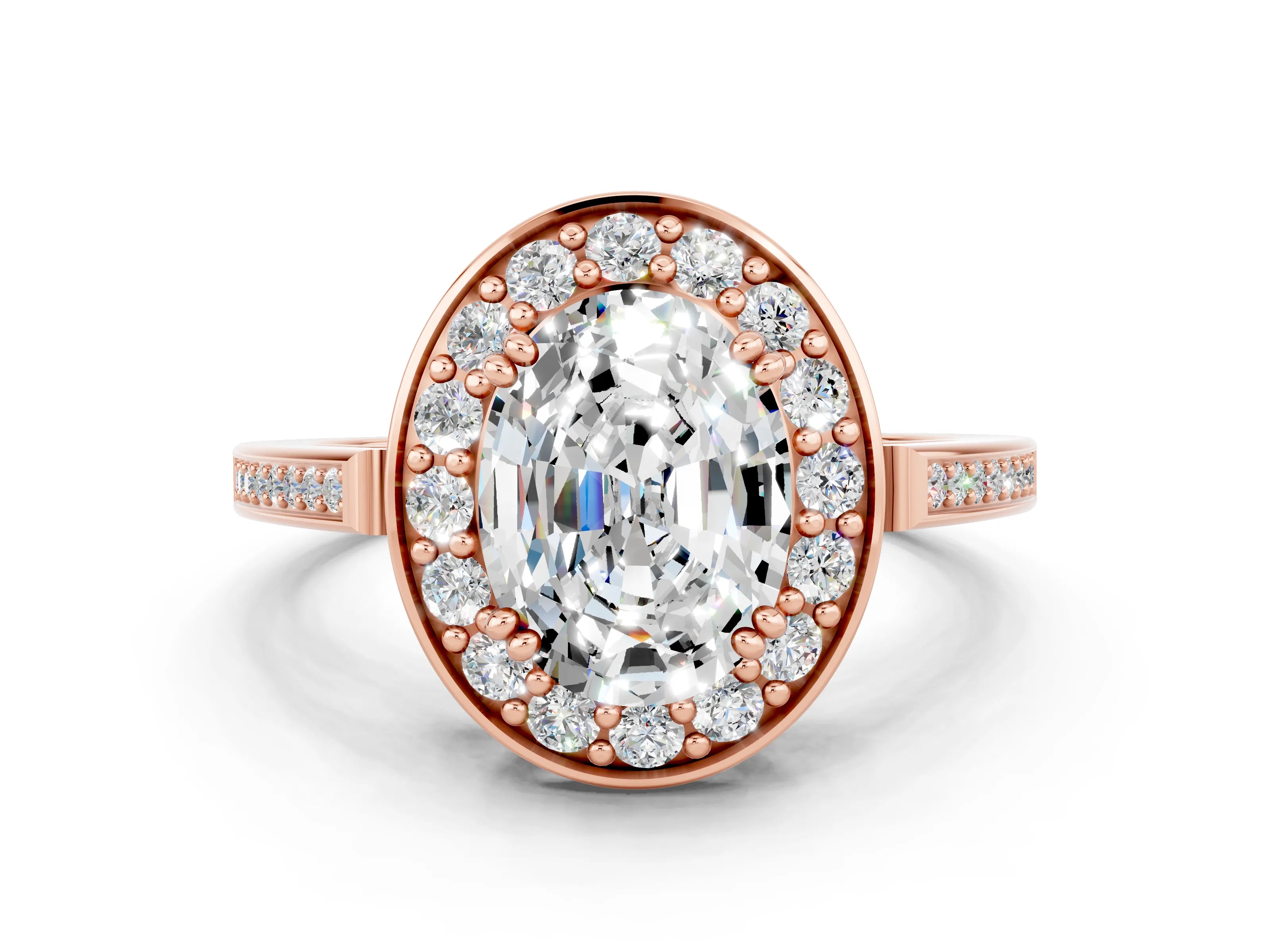 Rose gold {shape_name} Moissanite Halo Ring with Split Shank and Four-Prong Setting