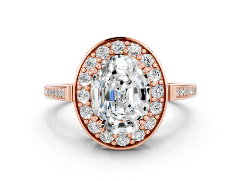 Rose gold {shape_name} Moissanite Halo Ring with Split Shank and Four-Prong Setting