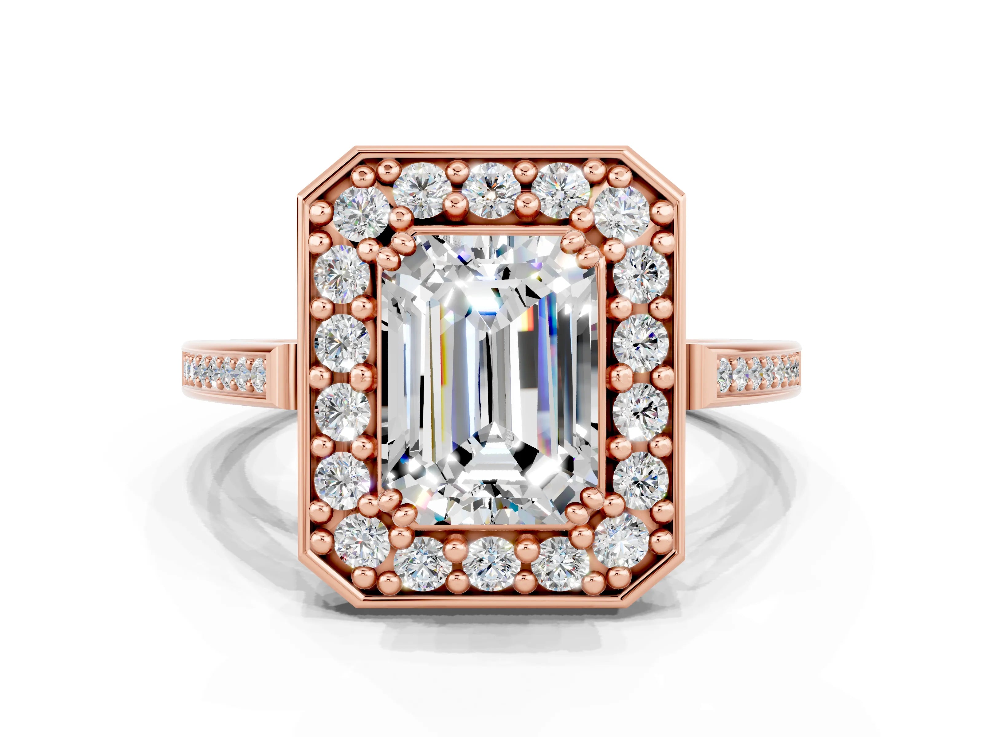 Rose gold {shape_name} Moissanite Halo Ring with Split Shank and Four-Prong Setting