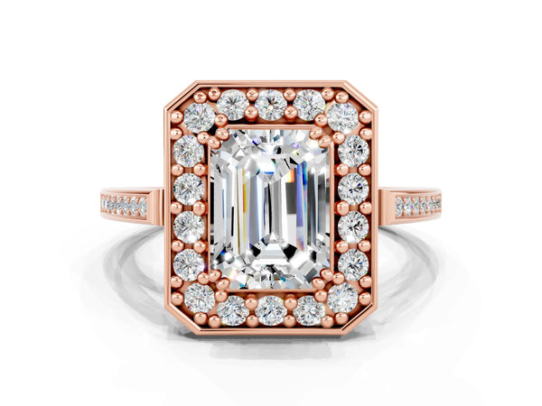 Rose gold Emerald Cut Moissanite Halo Ring with Split Shank and Four-Prong Setting
