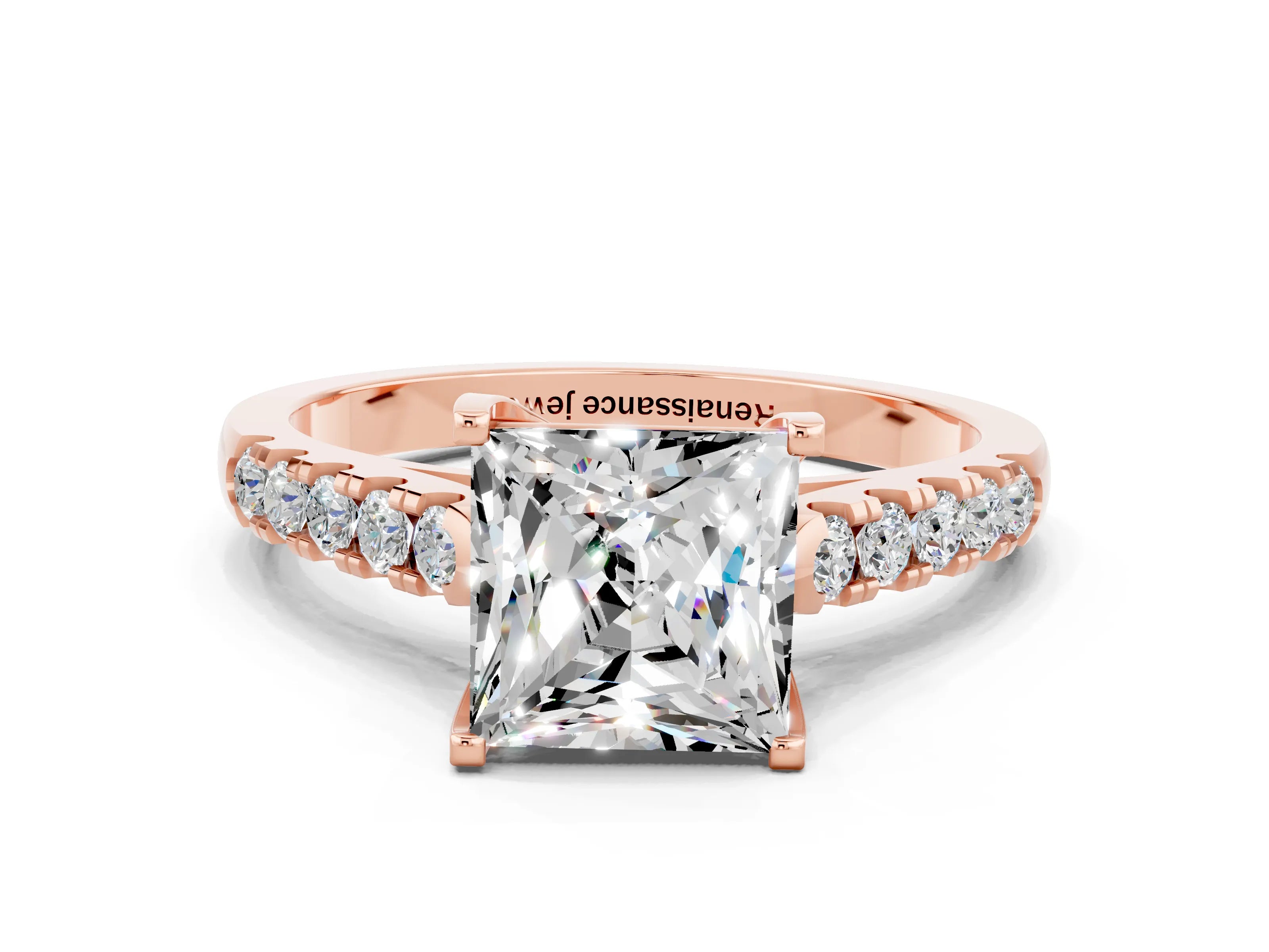 Rose gold {shape_name} Moissanite Solitaire Ring with Pavé Band and Four-Prong Setting