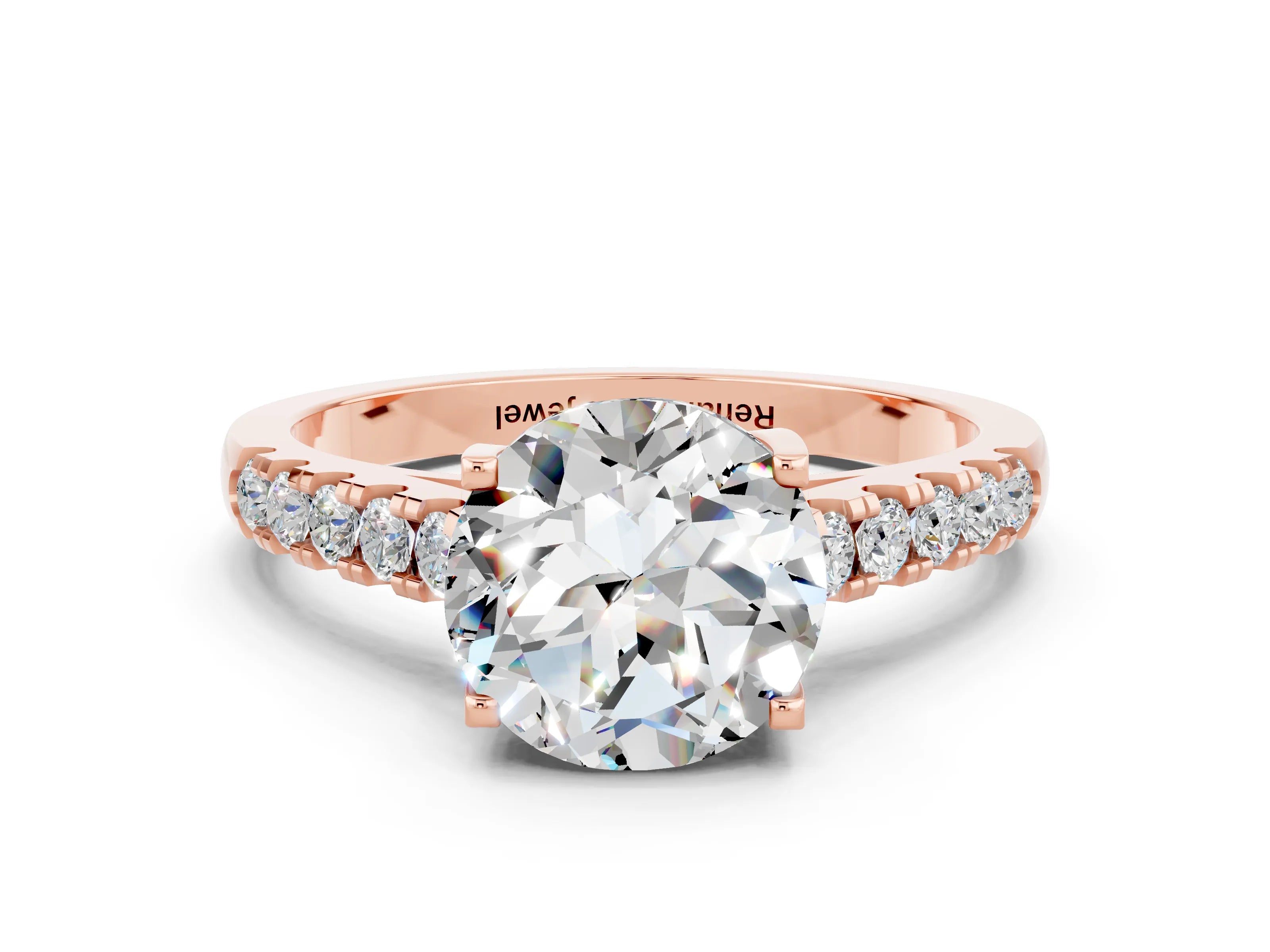 Rose gold {shape_name} Moissanite Solitaire Ring with Pavé Band and Four-Prong Setting