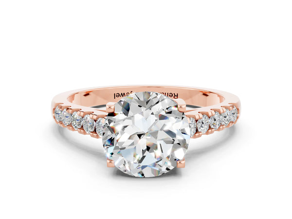 Rose gold Round Cut Moissanite Pavé Band Solitaire Ring with Prong Setting