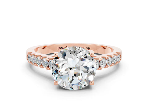 Rose gold {shape_name} Moissanite Solitaire Ring with Pavé Band and Four-Prong Setting