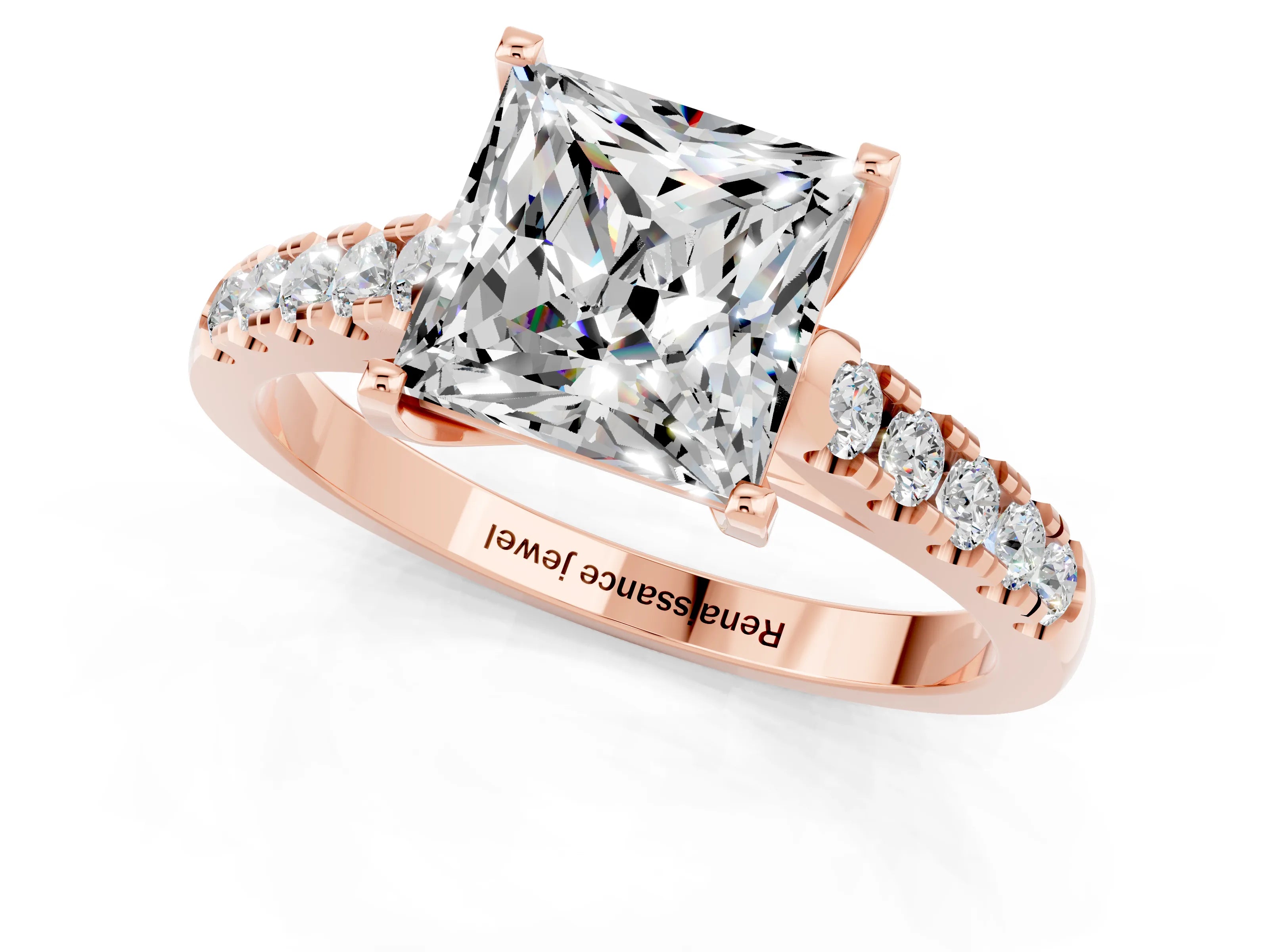 Rose gold {shape_name} Moissanite Solitaire Ring with Pavé Band and Four-Prong Setting_1