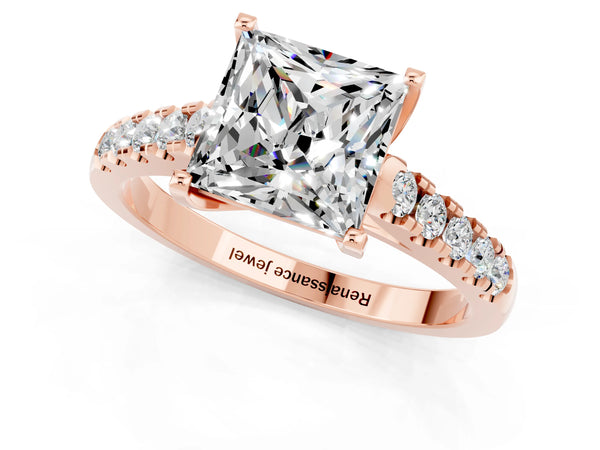 Rose gold Princess Cut Moissanite Pavé Band Solitaire Ring with Prong Setting