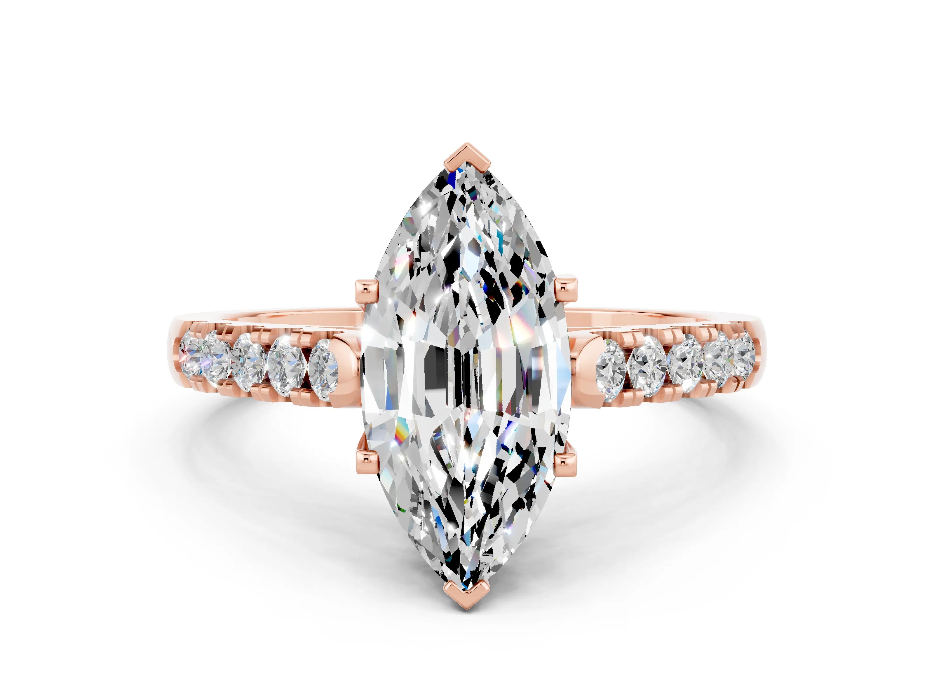 Rose gold {shape_name} Moissanite Solitaire Ring with Pavé Band and Four-Prong Setting
