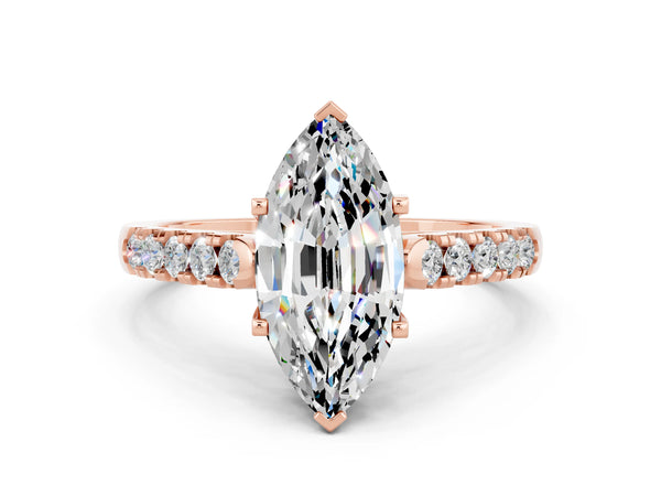 Rose gold Marquise Cut Moissanite Pavé Band Solitaire Ring with Prong Setting