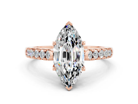 Rose gold {shape_name} Moissanite Solitaire Ring with Pavé Band and Four-Prong Setting