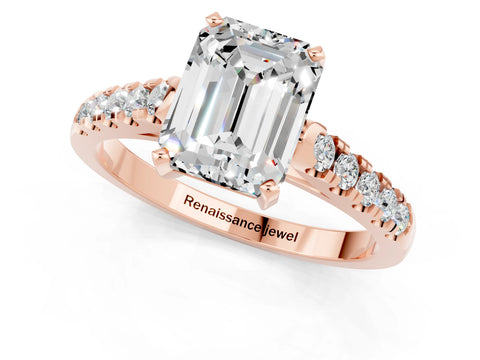 Rose gold {shape_name} Moissanite Solitaire Ring with Pavé Band and Four-Prong Setting_1