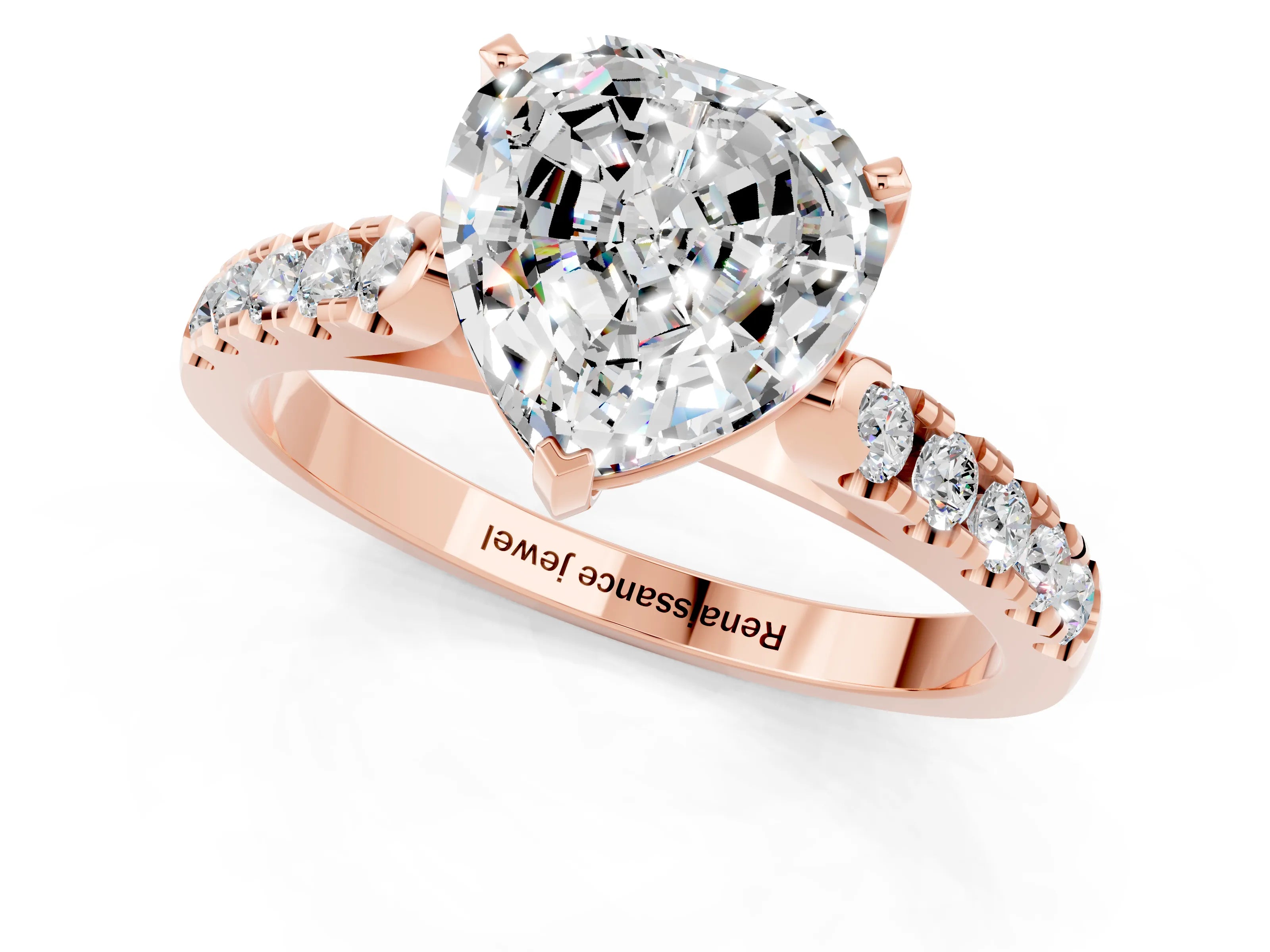 Rose gold {shape_name} Moissanite Solitaire Ring with Pavé Band and Four-Prong Setting_1