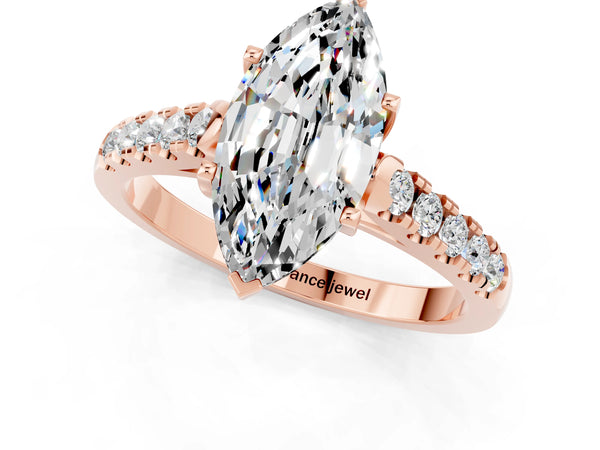 Rose gold Marquise Cut Moissanite Pavé Band Solitaire Ring with Prong Setting