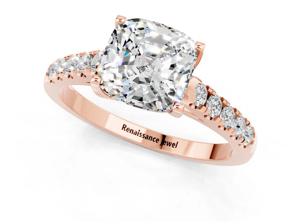 Rose gold Cushion Cut Moissanite Pavé Band Solitaire Ring with Prong Setting