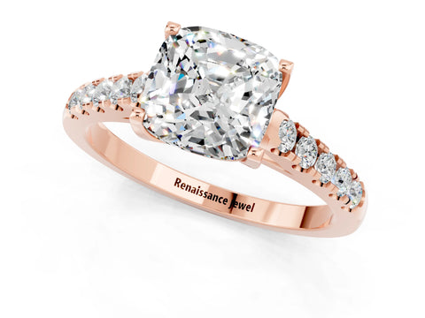 Rose gold {shape_name} Moissanite Solitaire Ring with Pavé Band and Four-Prong Setting_1