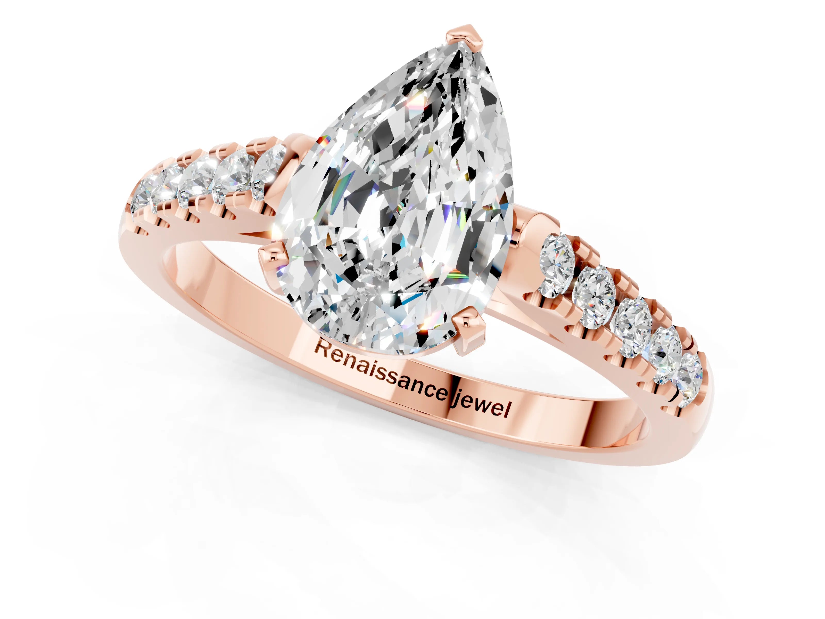 Rose gold {shape_name} Moissanite Solitaire Ring with Pavé Band and Four-Prong Setting_1