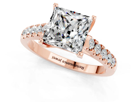 Rose gold {shape_name} Moissanite Solitaire Ring with Pavé Band and Four-Prong Setting_1