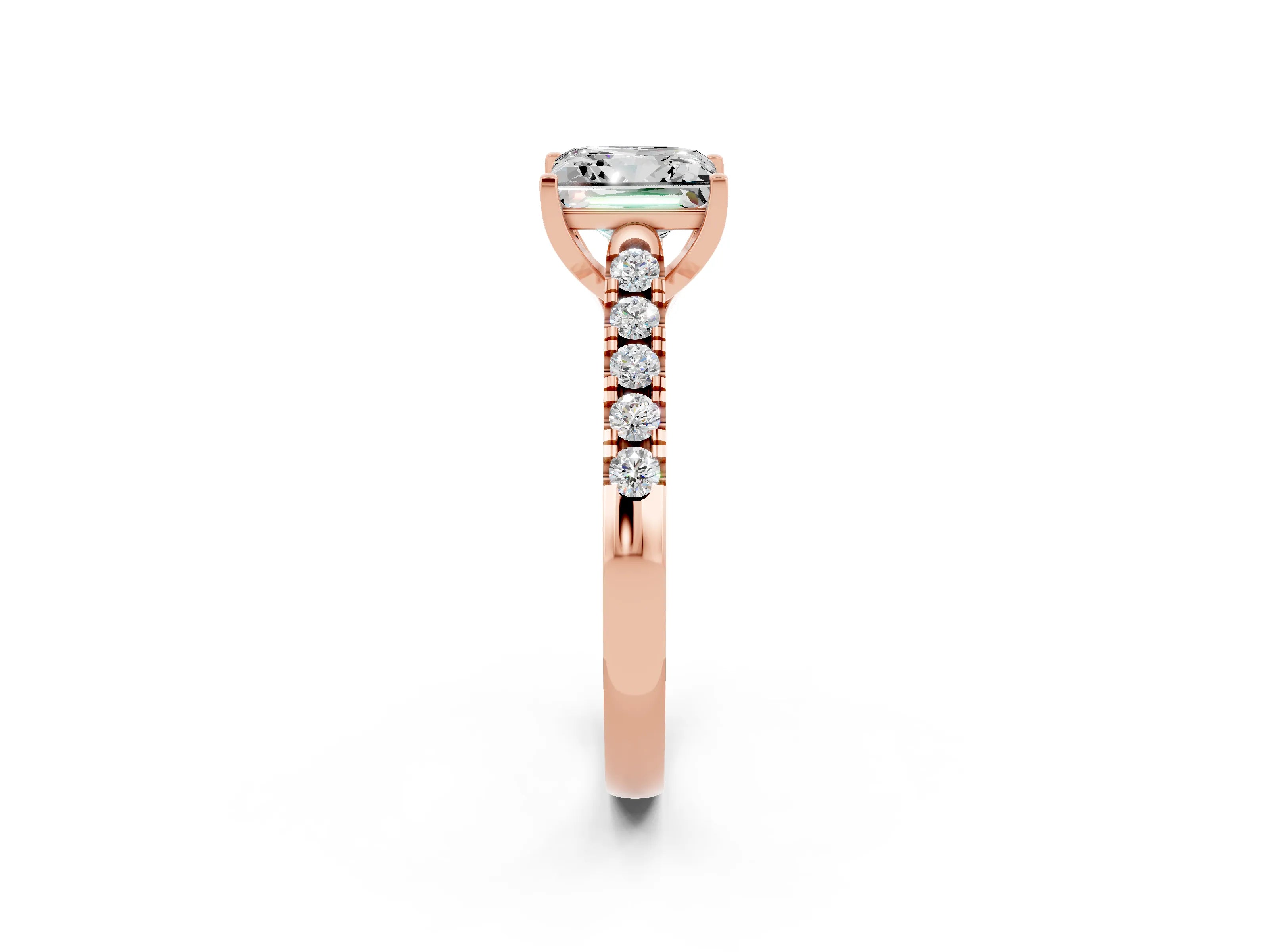 Rose gold {shape_name} Moissanite Solitaire Ring with Pavé Band and Four-Prong Setting_2