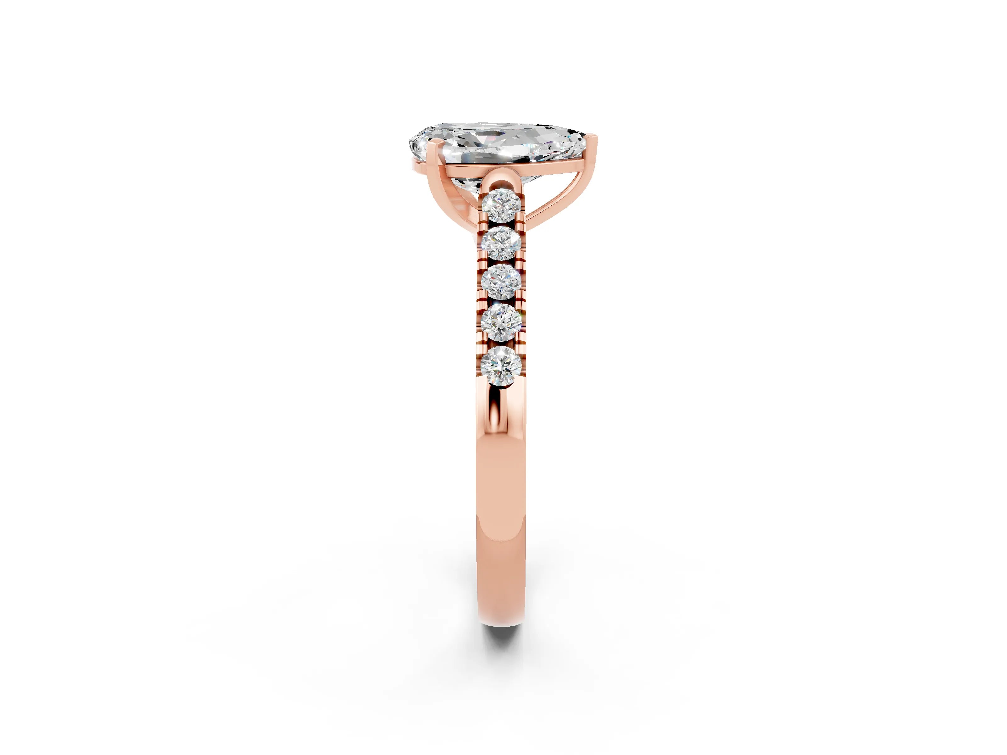 Rose gold {shape_name} Moissanite Solitaire Ring with Pavé Band and Four-Prong Setting_2