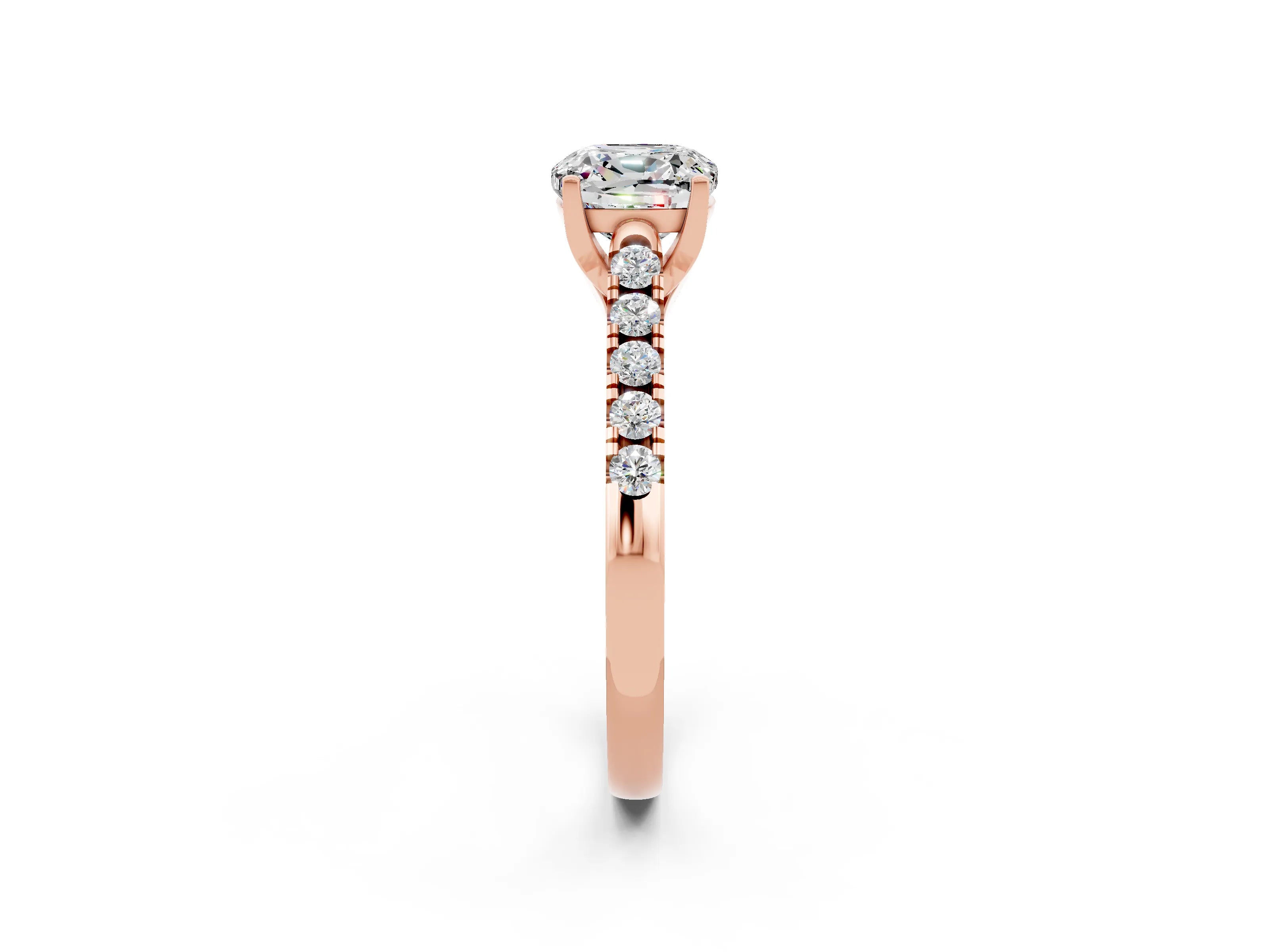 Rose gold {shape_name} Moissanite Solitaire Ring with Pavé Band and Four-Prong Setting_2
