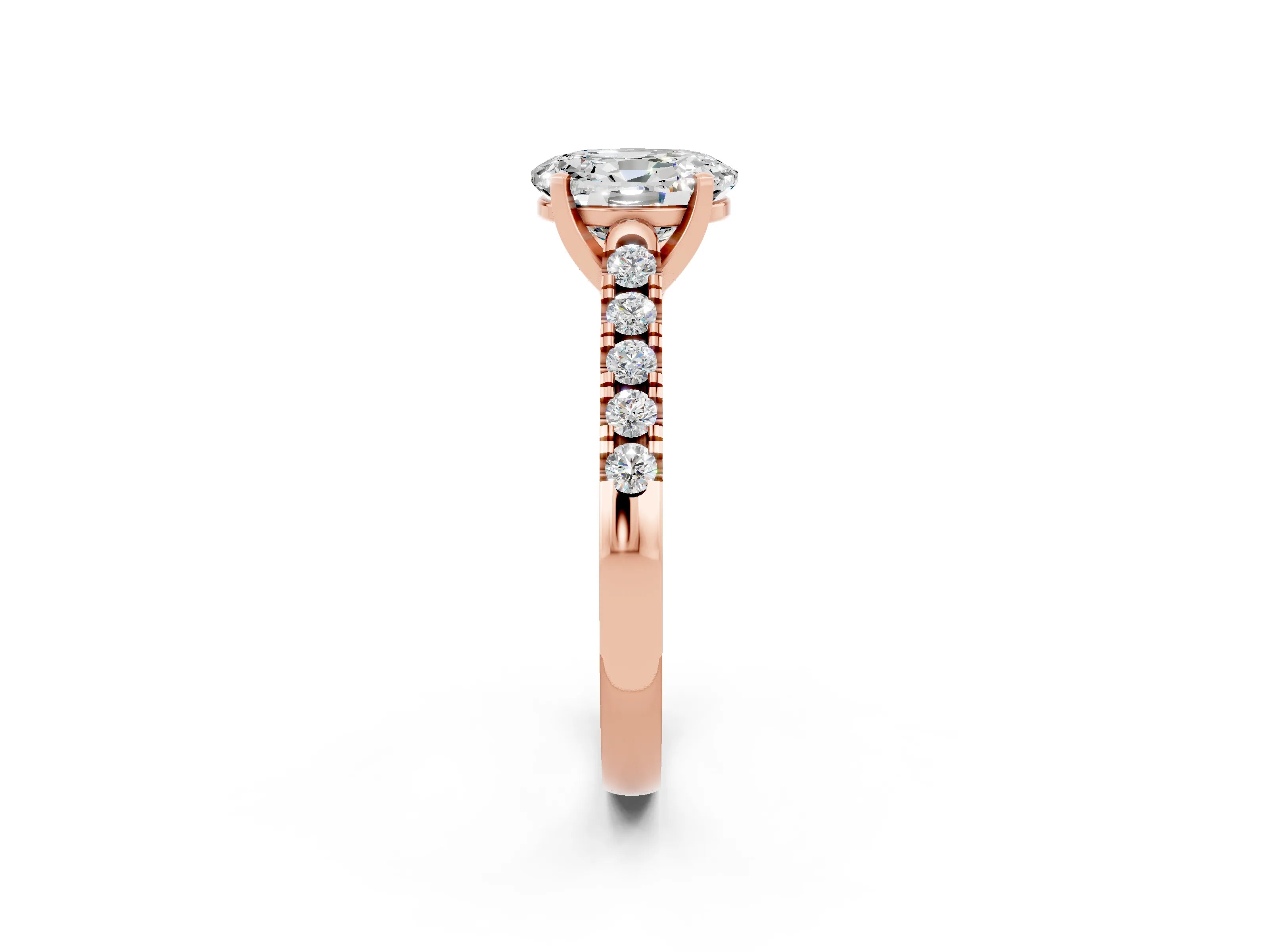 Rose gold {shape_name} Moissanite Solitaire Ring with Pavé Band and Four-Prong Setting_2