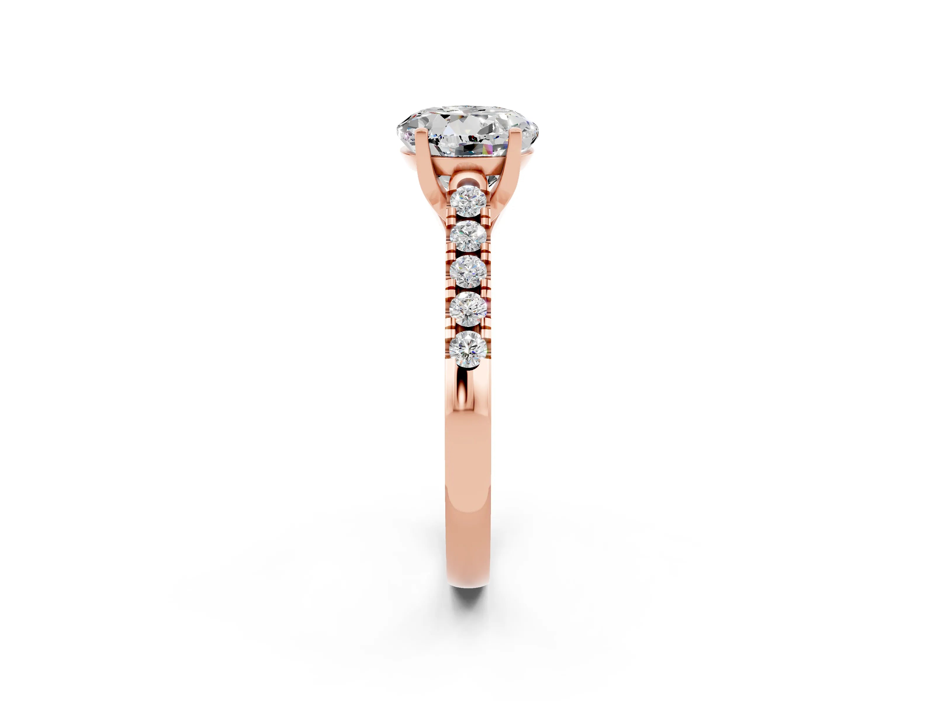 Rose gold {shape_name} Moissanite Solitaire Ring with Pavé Band and Four-Prong Setting_2