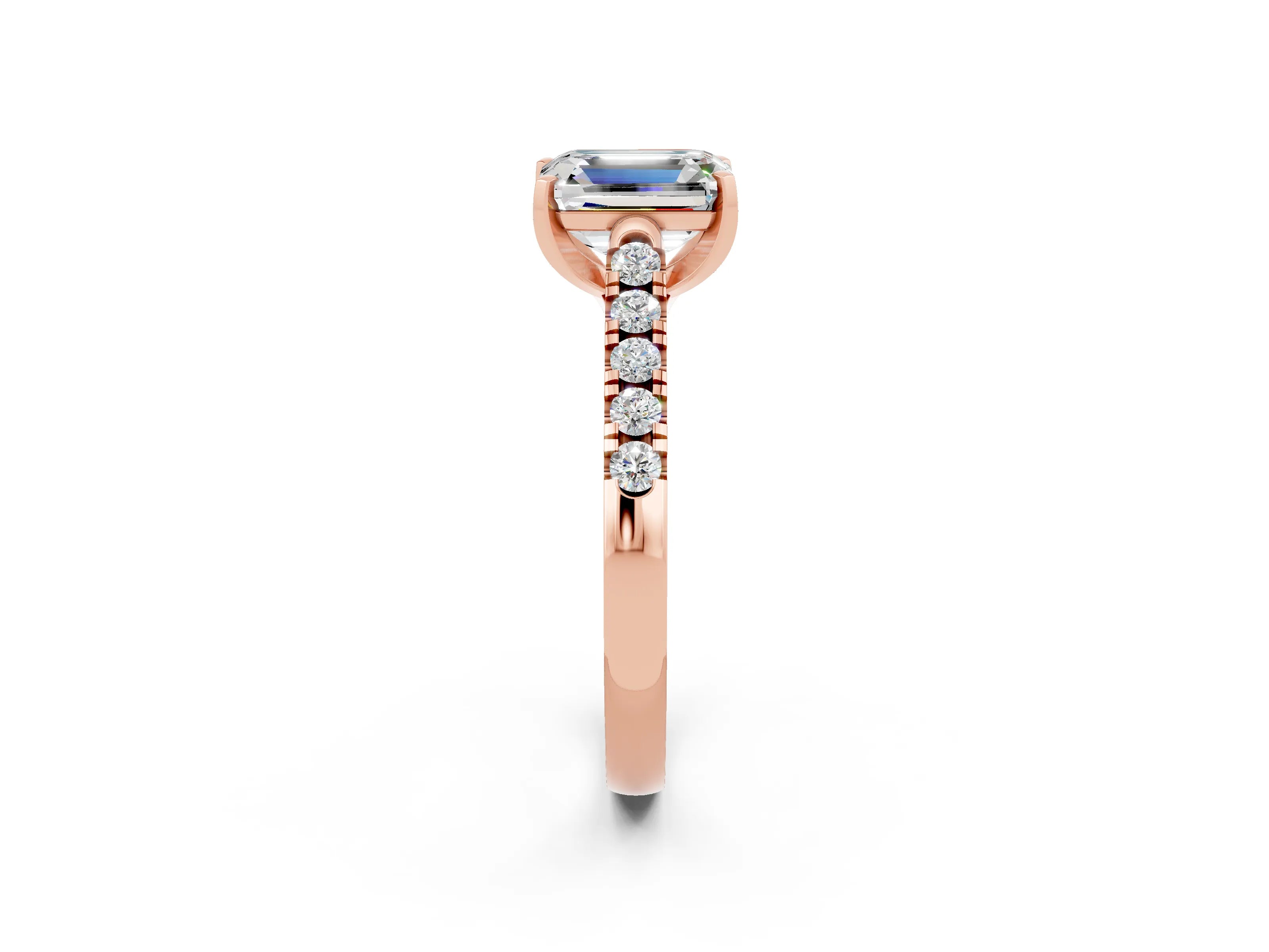 Rose gold {shape_name} Moissanite Solitaire Ring with Pavé Band and Four-Prong Setting_2