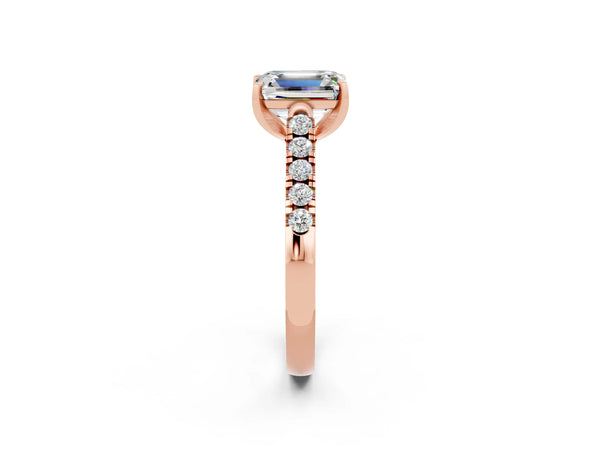Rose gold Emerald Cut Moissanite Pavé Band Solitaire Ring with Prong Setting