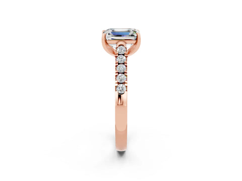 Rose gold {shape_name} Moissanite Solitaire Ring with Pavé Band and Four-Prong Setting_2