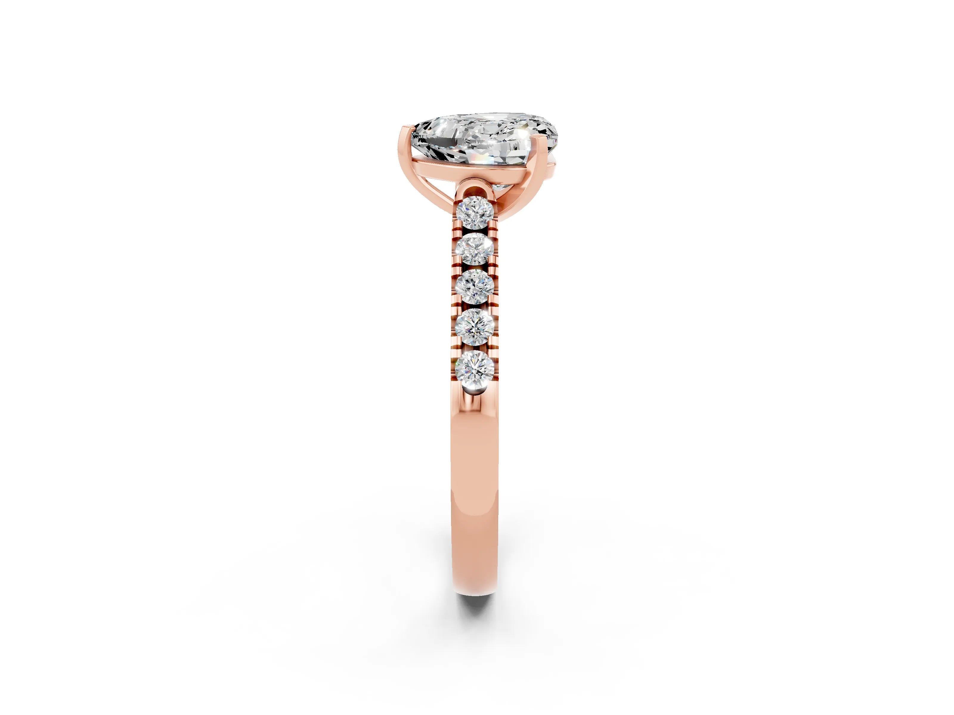 Rose gold {shape_name} Moissanite Solitaire Ring with Pavé Band and Four-Prong Setting_2
