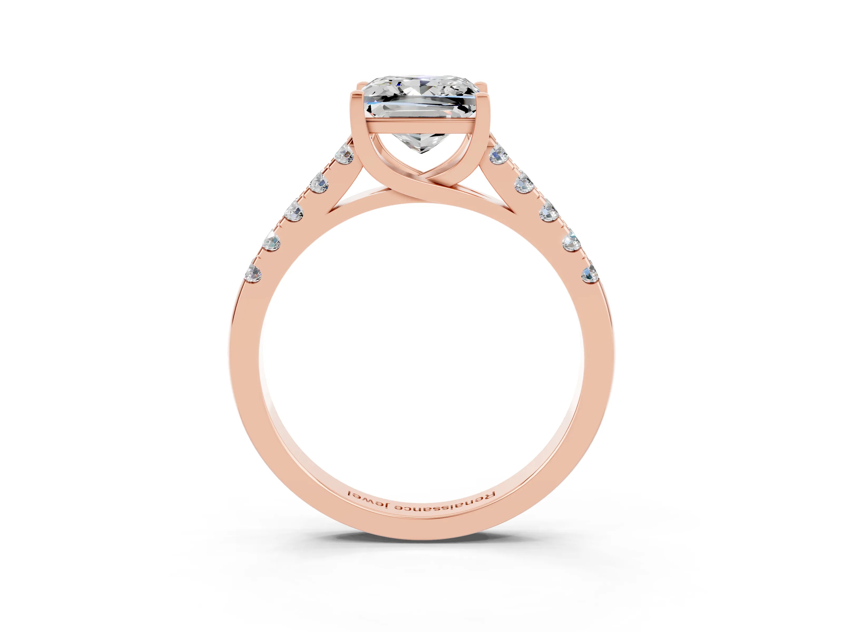 Rose gold {shape_name} Moissanite Solitaire Ring with Pavé Band and Four-Prong Setting_3