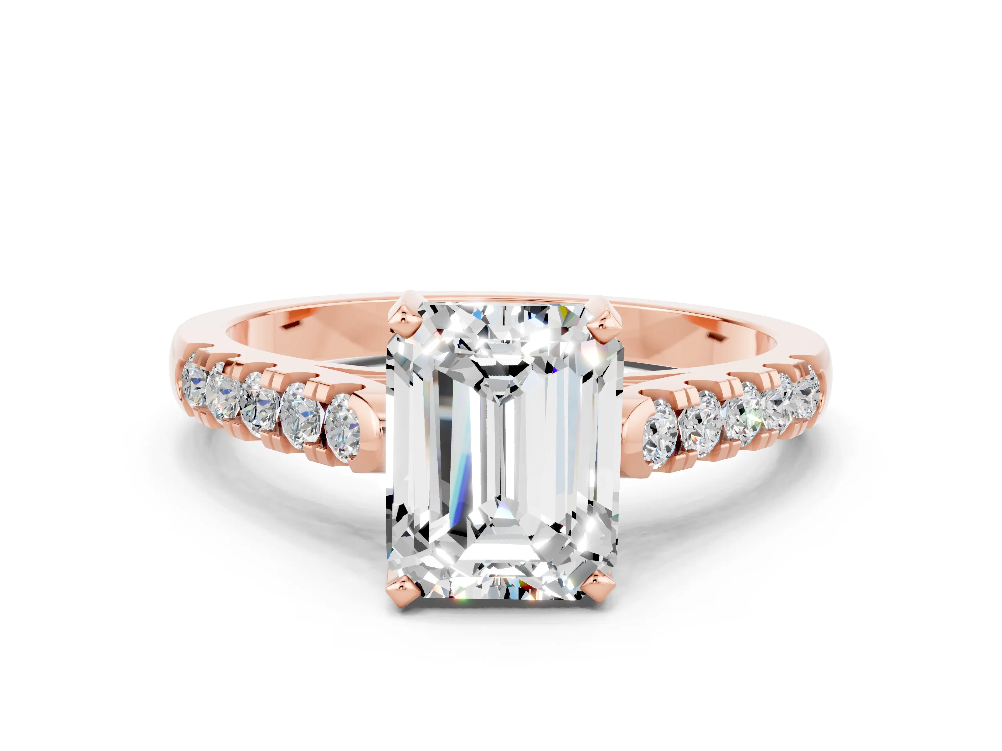 Rose gold {shape_name} Moissanite Solitaire Ring with Pavé Band and Four-Prong Setting