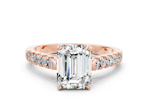 Rose gold {shape_name} Moissanite Solitaire Ring with Pavé Band and Four-Prong Setting