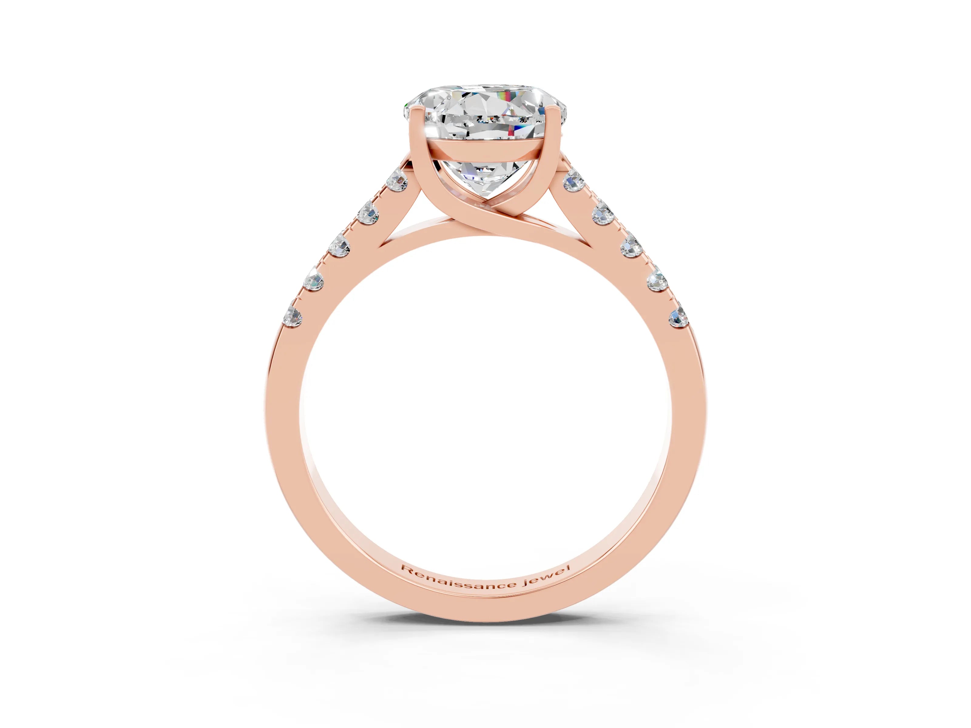 Rose gold {shape_name} Moissanite Solitaire Ring with Pavé Band and Four-Prong Setting_3