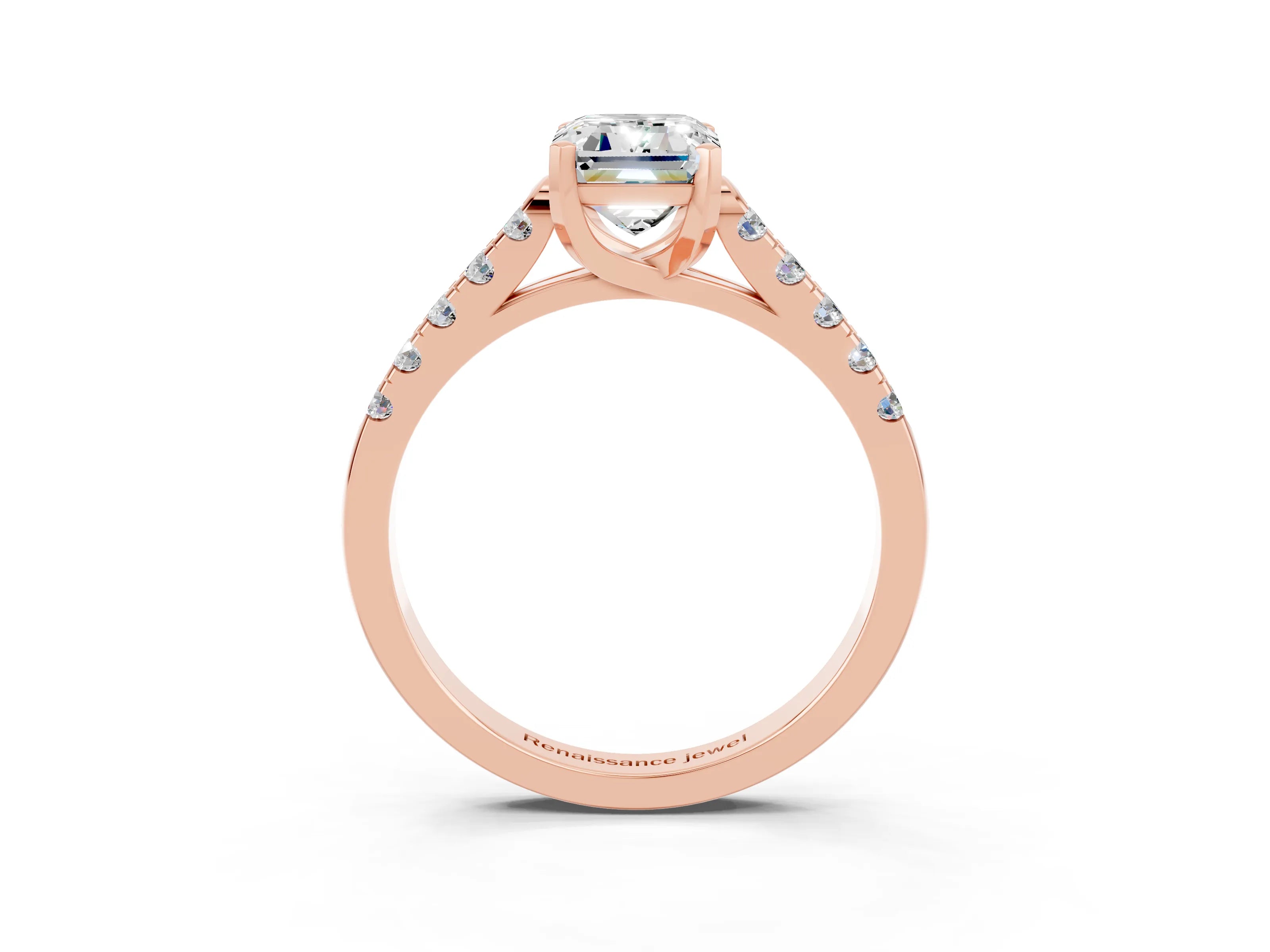 Rose gold {shape_name} Moissanite Solitaire Ring with Pavé Band and Four-Prong Setting_3