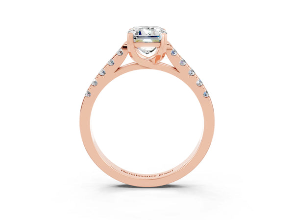 Rose gold Emerald Cut Moissanite Pavé Band Solitaire Ring with Prong Setting