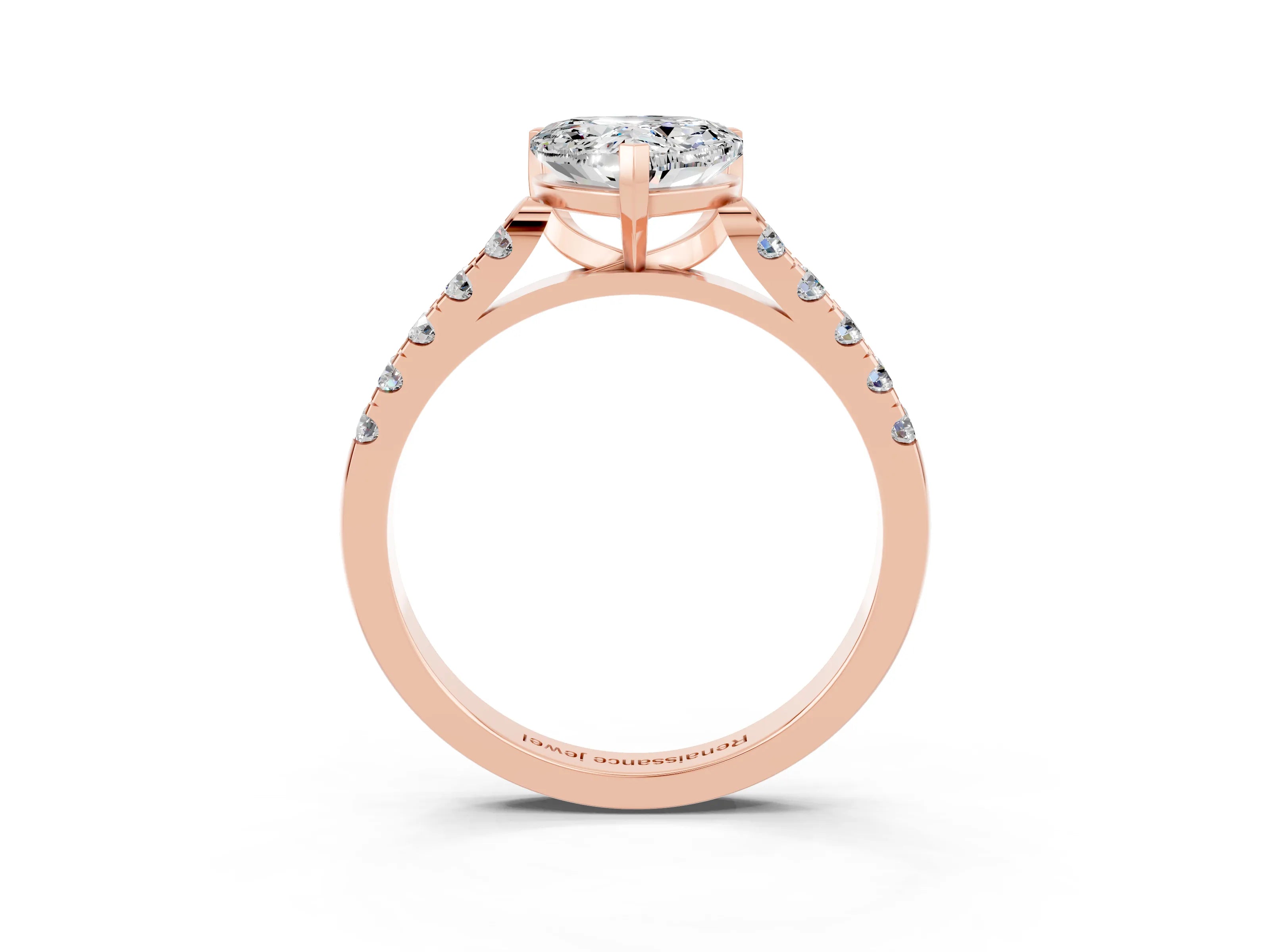 Rose gold {shape_name} Moissanite Solitaire Ring with Pavé Band and Four-Prong Setting_3